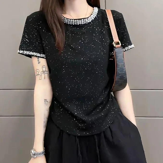 欧货圆领重工镶钻短袖T恤女2025夏季新款修身显瘦百搭洋气上衣潮
