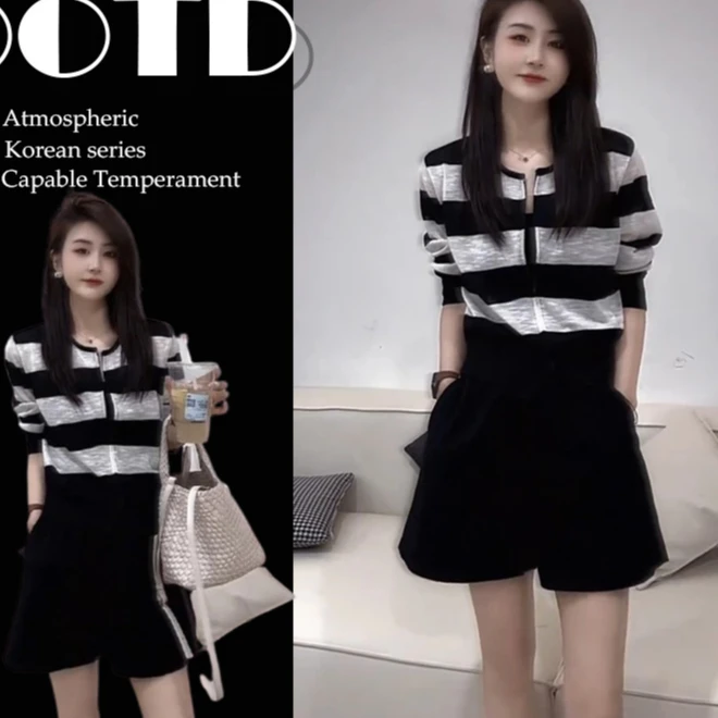 夏季新款女装多巴胺茶系穿搭配一整套减龄时尚条纹上衣短裤两件套