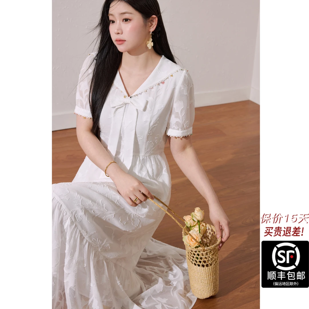 蓝语大码女装海军领气质法式白色连衣裙子夏绝美度假仙女裙13400