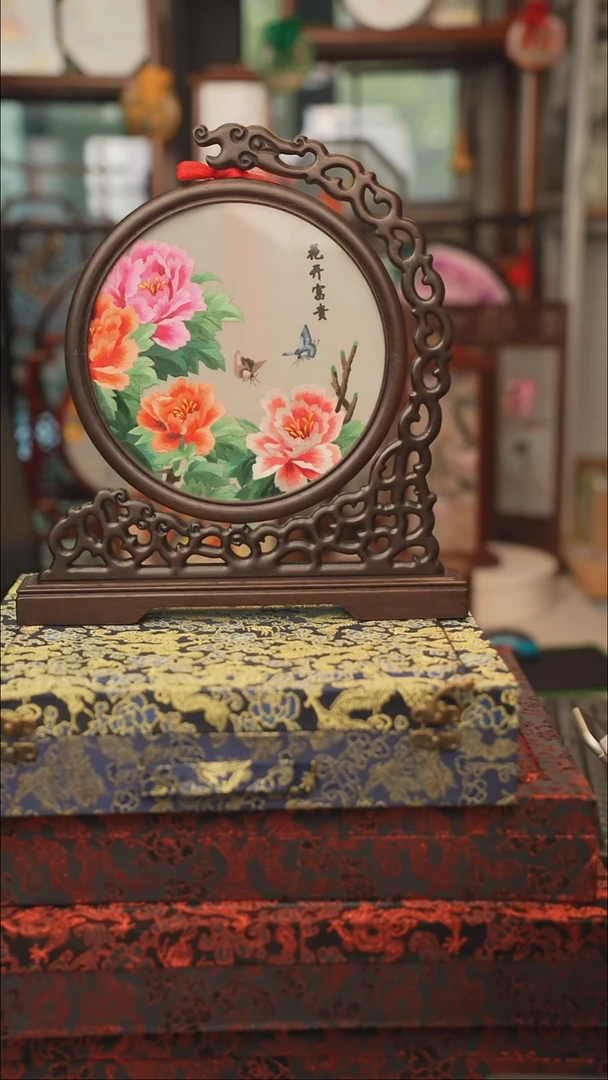 扇子龙头架 苏绣双面绣摆台