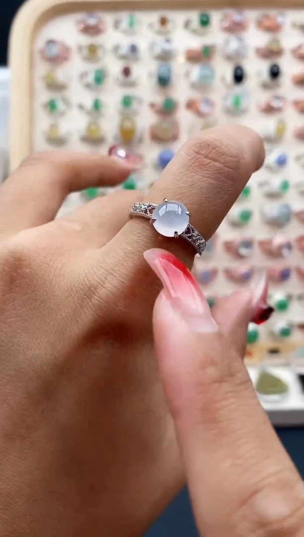 【闪购商品】翡翠戒指银S925镶嵌缅甸天然A货翡翠111   7-5