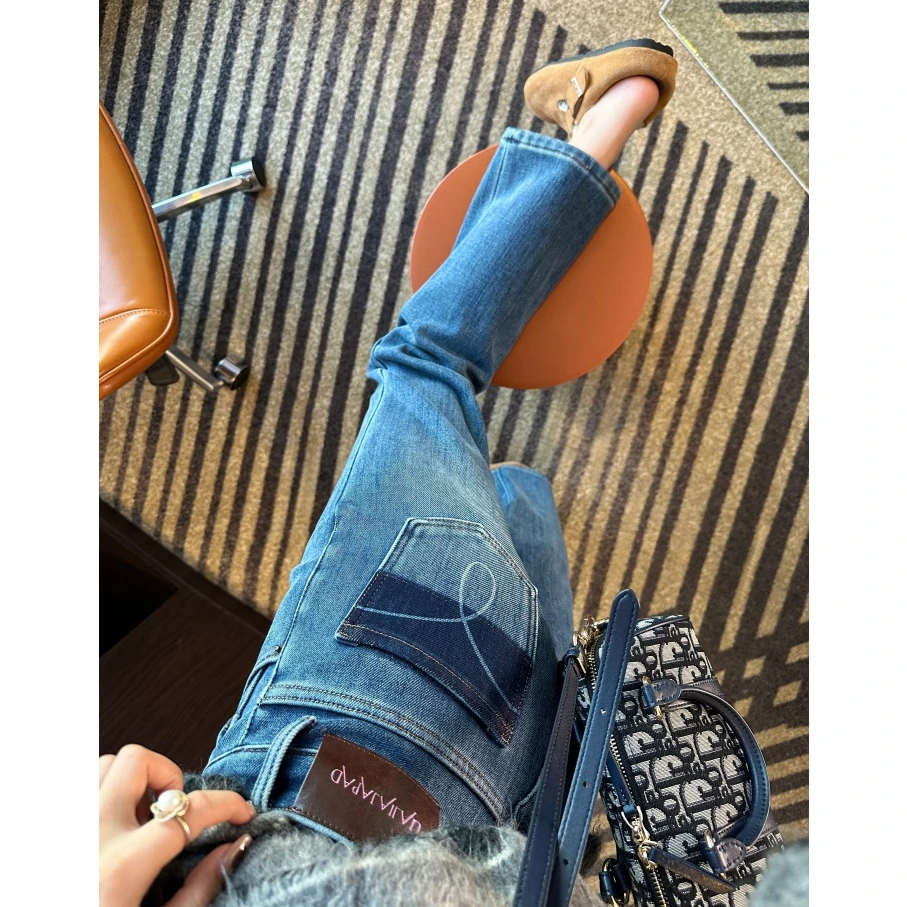 加绒加厚印花口袋直筒牛仔裤女秋冬小个子高腰显瘦弹力九分烟管裤