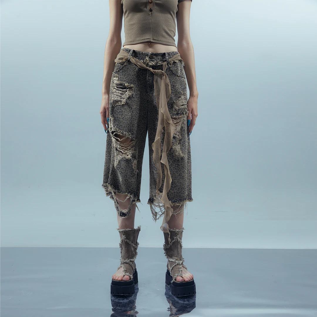 NN-NORTH NODE ”猎场现形“豹纹洗水破洞废土风中裤（送腰带）