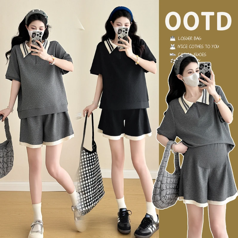 时髦孕妇装夏季新款撞色Polo领短袖上衣显瘦运动托腹裤短裤两件套