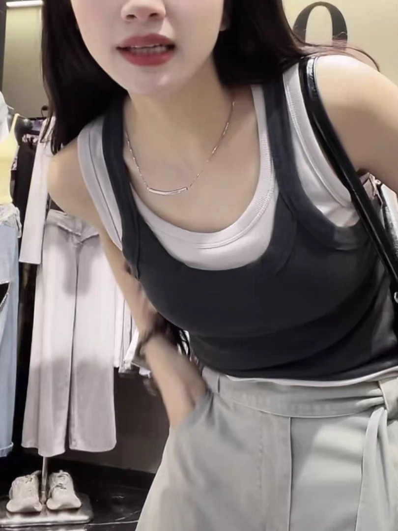 美式复古假两件背心女夏季休闲风可外穿吊带设计别致漂亮小上衣潮