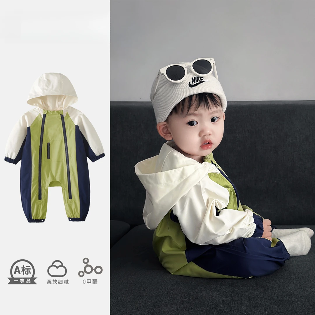 MK&UR.BV婴儿连体衣秋季冲锋衣男宝宝春秋款洋气爬服满月宝宝衣服