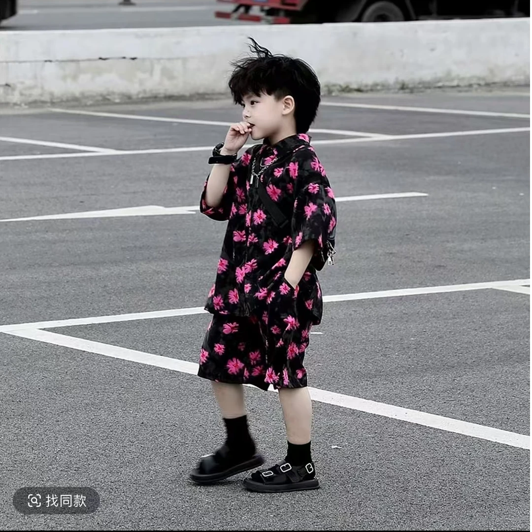 【痞帅】2025夏季新款潮酷儿童冰感爽滑印花洋气休闲韩版潮流套装