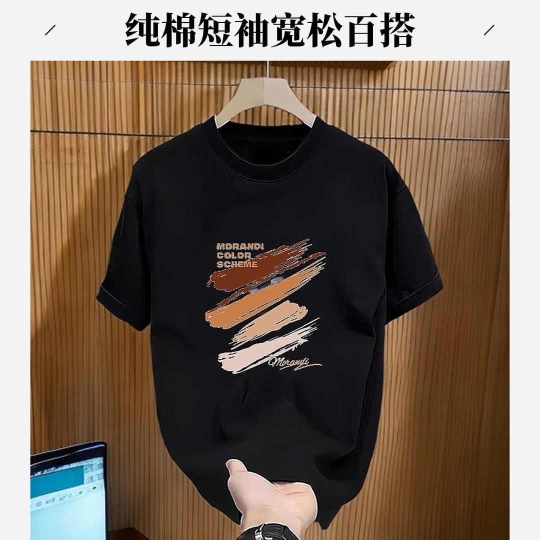 重磅纯棉复古红色短袖t恤男夏季新款美式潮牌百搭印花宽松衣服男