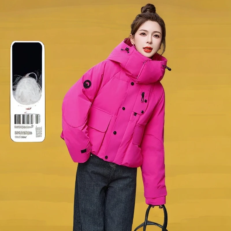 玫红色派克棉服女小个子2025冬季宽松韩版超好看工装短款冲锋衣潮
