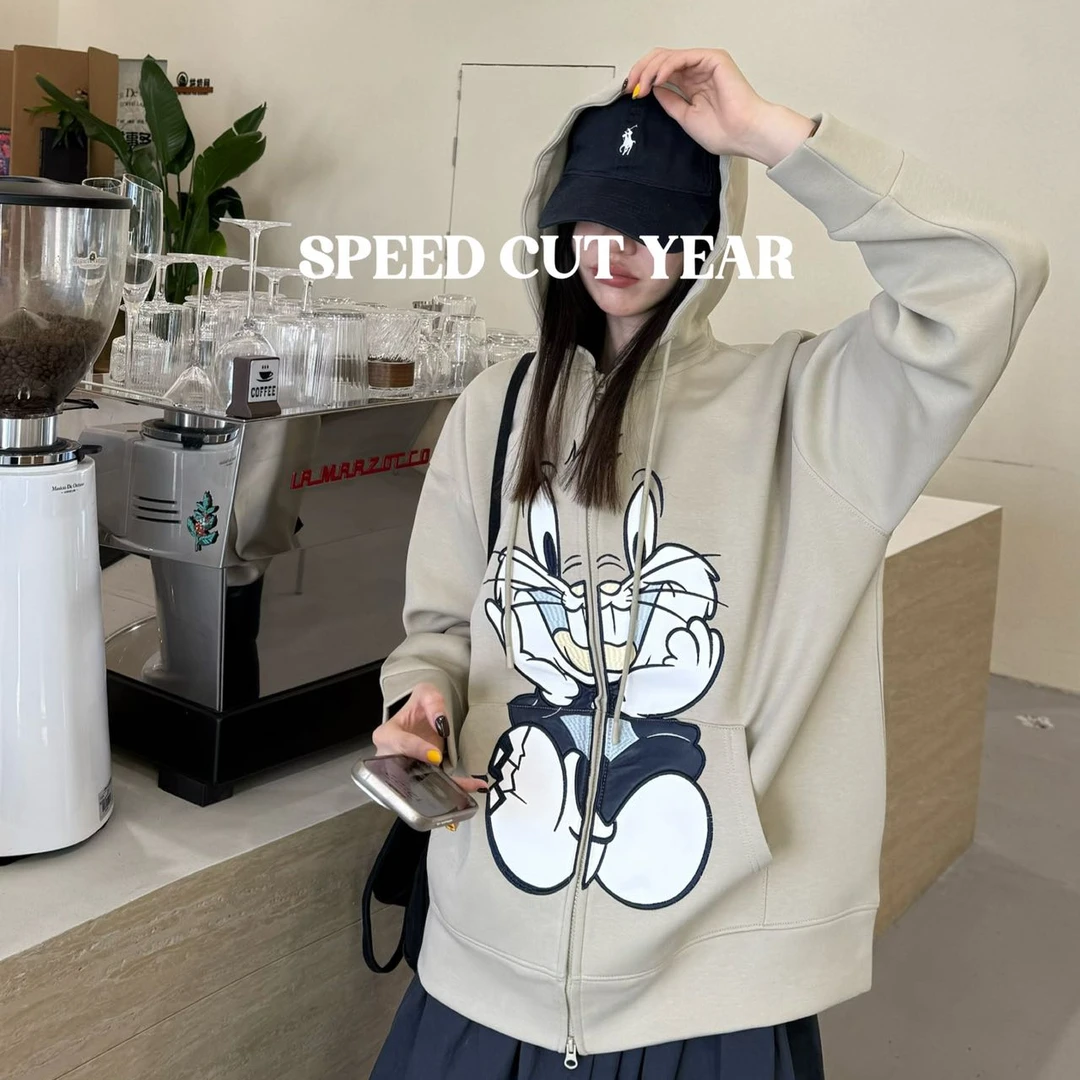 2025春季新款卡通兔子刺绣连帽宽松卫衣外套39111