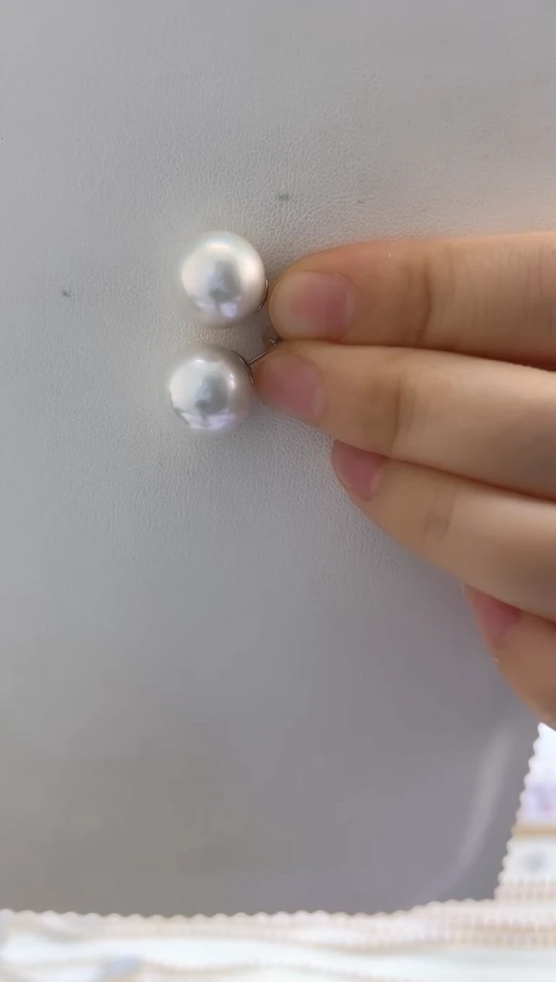 银S925镶嵌淡水珍珠耳钉红*13-14耳钉