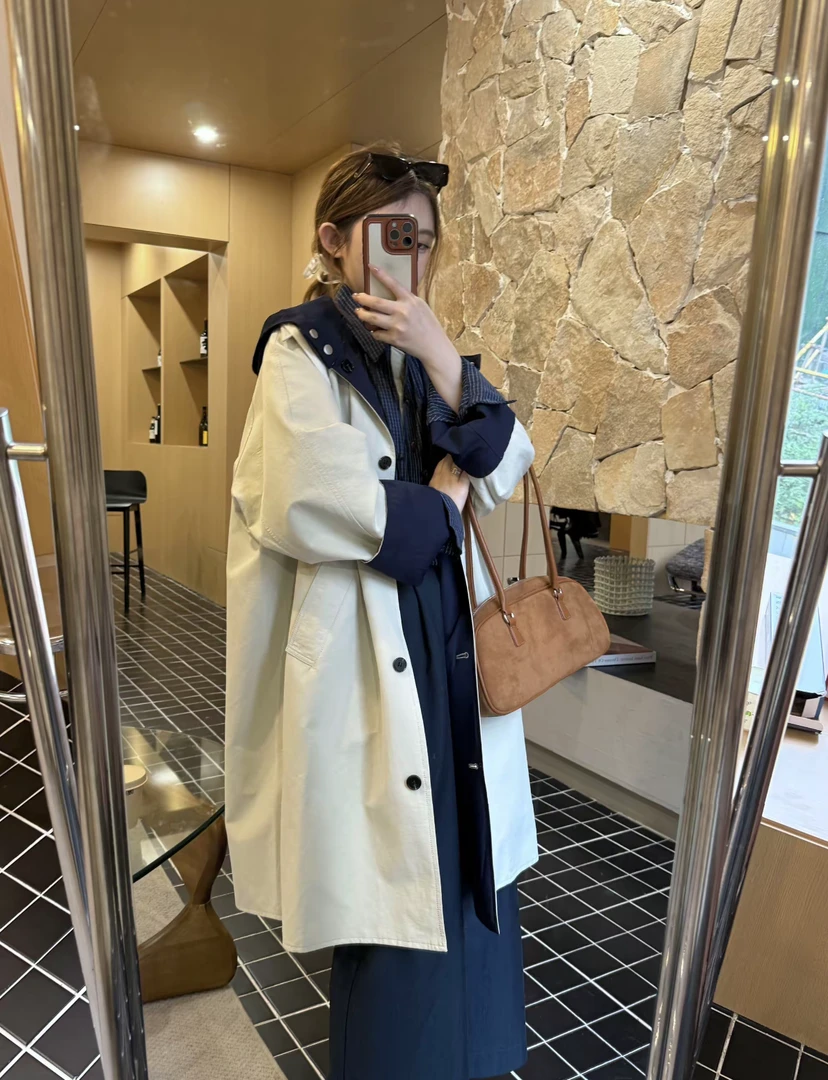 休闲连帽少女风风衣中长款拼色宽松条纹时尚韩版女学院风