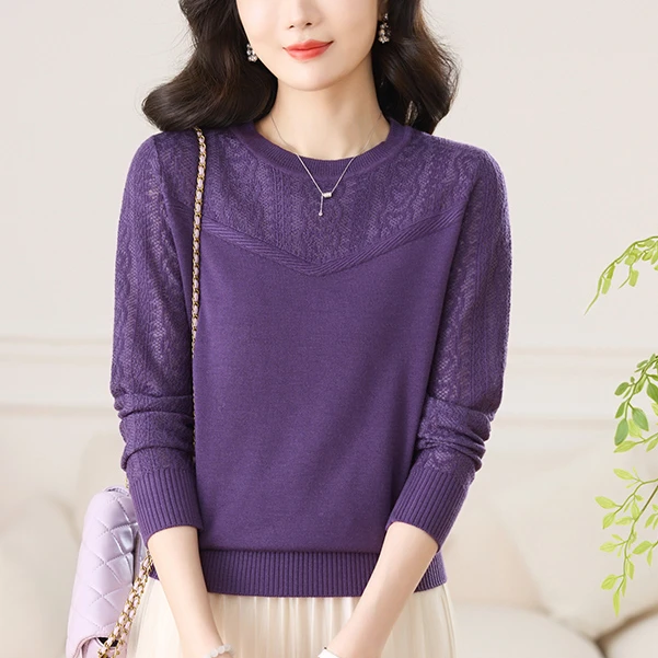 春秋精致提花洋气镂空新款针织衫女2024春秋长袖打底毛衣短款上衣