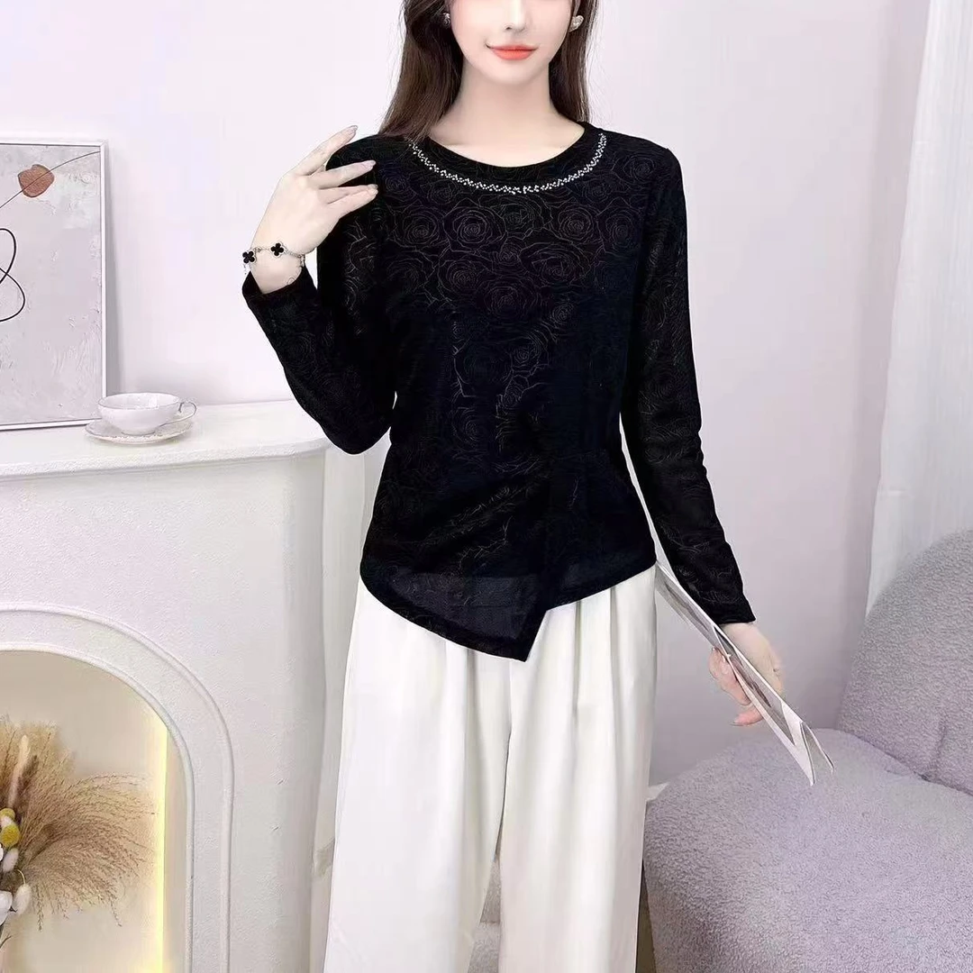 0468#玫瑰图案圆领上衣女衬衫时尚气质长袖百搭打底镂空春秋