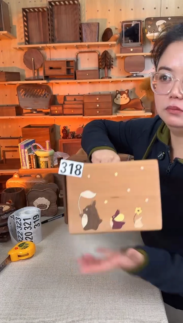 木318微瑕樱桃木龙猫方形收纳筐