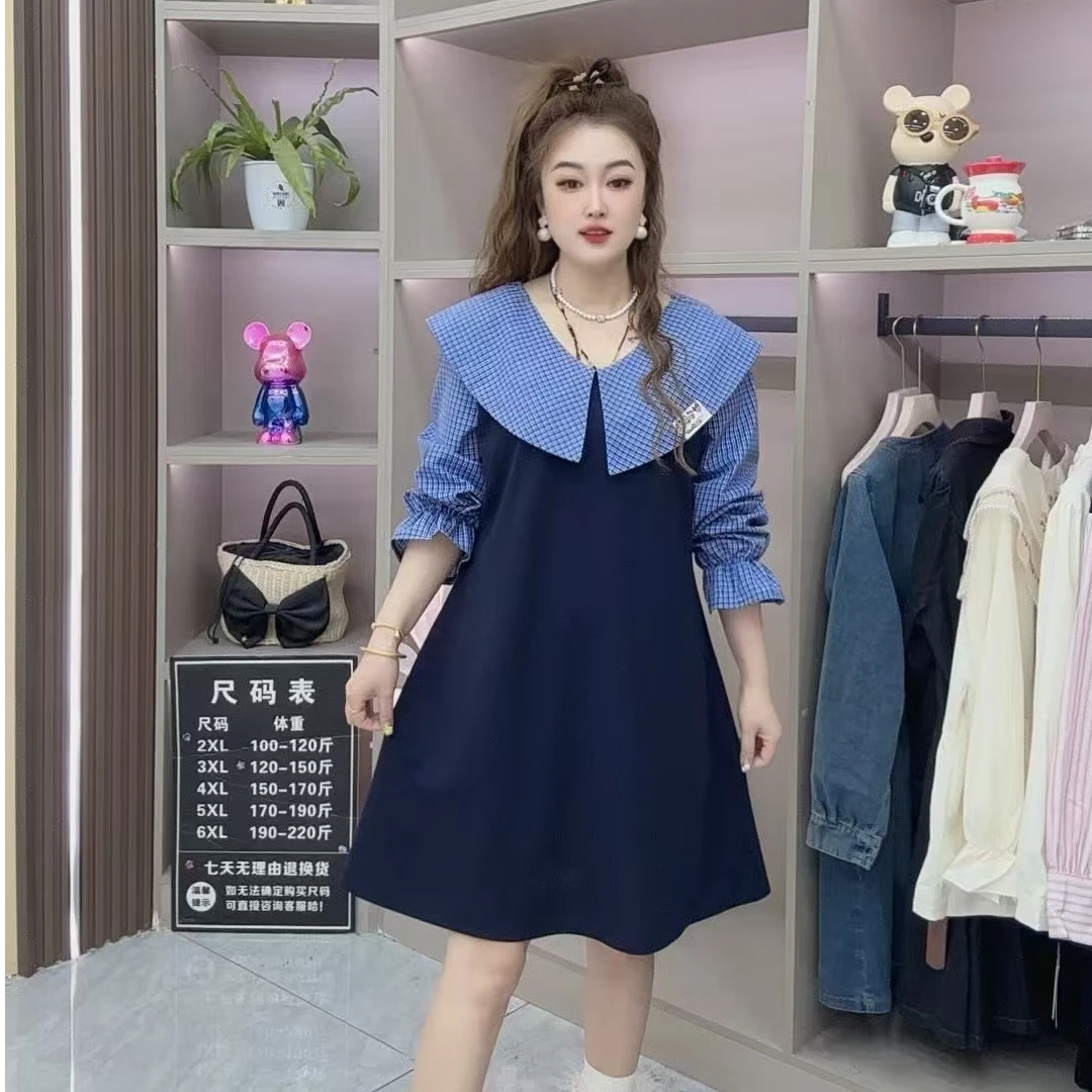 春季薄款娃娃领连衣裙气质拼接翻领长袖休闲常规款格子280
