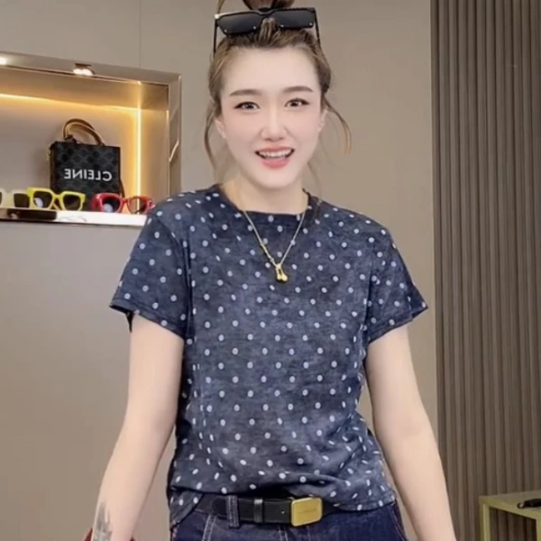 2025夏季新款爆款小众独特波点扎染短袖女洋气百搭显瘦休闲T恤衫