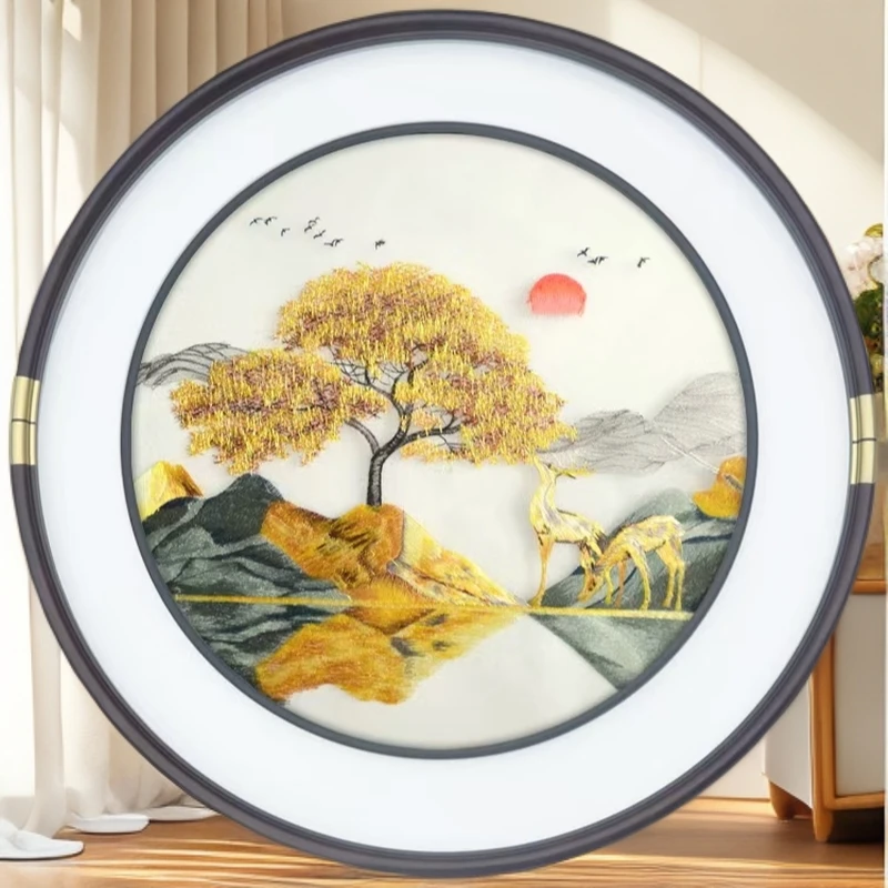 新中式圆形苏绣玄关过道走廊刺绣精品挂画80*80