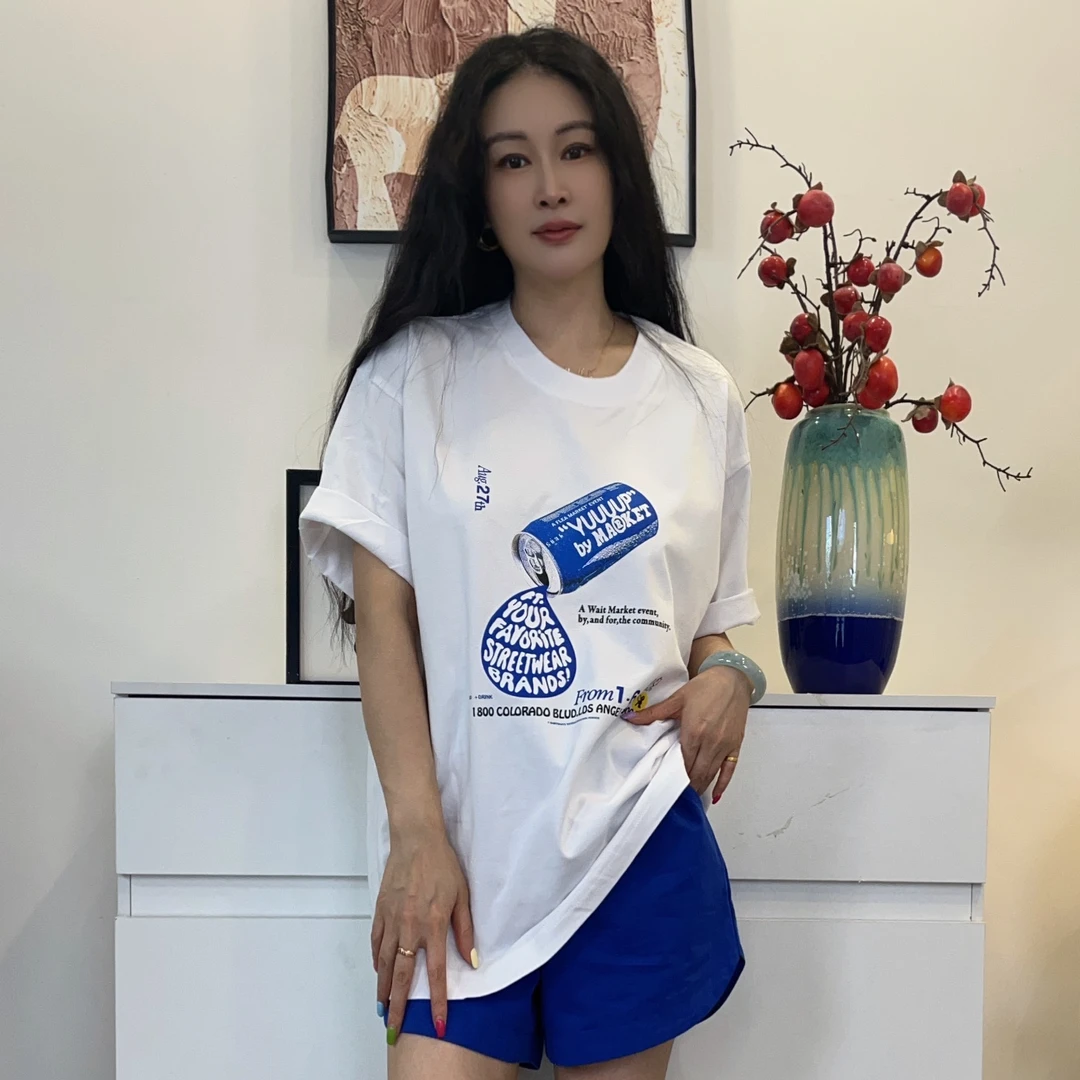 【白-水滴罐】夏季2025新款印花短袖大码宽松显瘦落肩圆领T恤