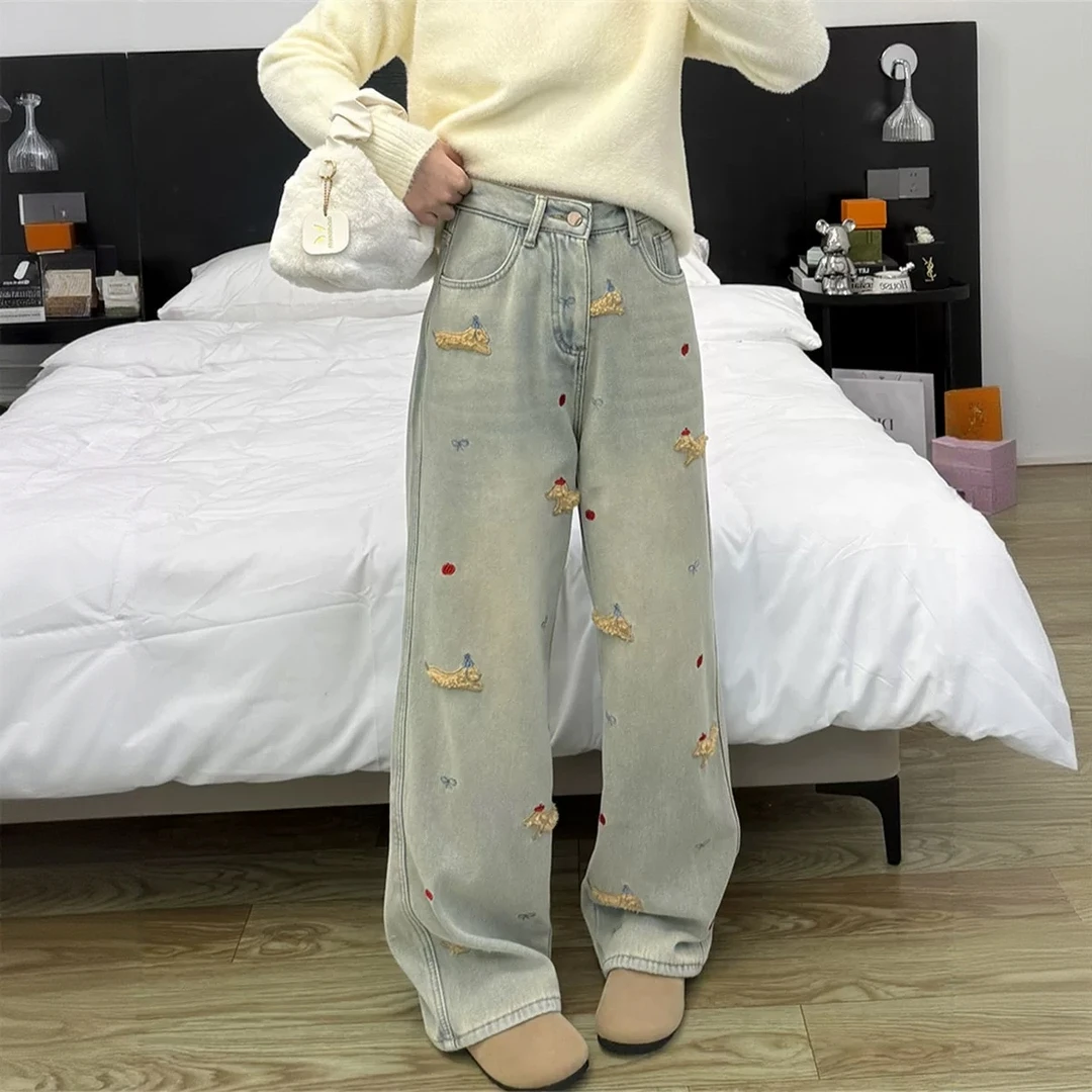 2025款百搭高腰宽松显瘦直筒拖地长裤女卡通小狗刺绣阔腿牛仔裤