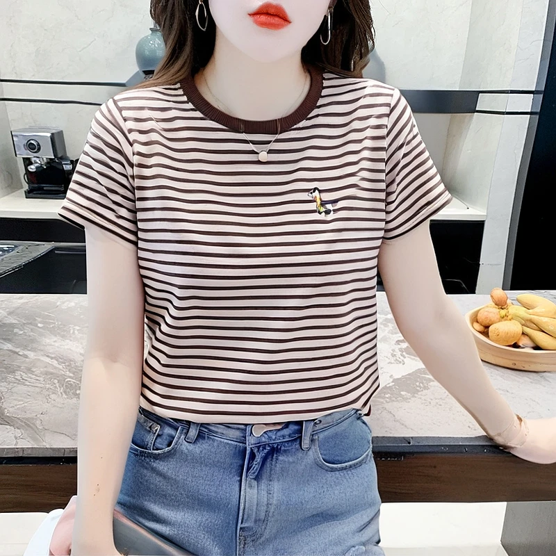 时尚刺绣T恤女士短袖夏季2025新款体恤衫女款宽松时尚条纹上衣服