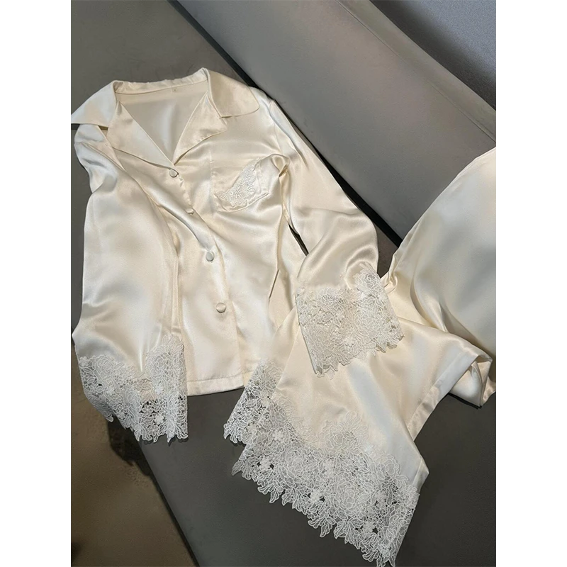 网红风蕾丝花边拼接冰丝睡衣女春秋新款高级感白色长袖家居服套装