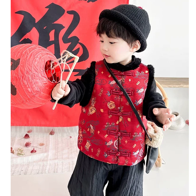 童装男女童中国风拜年服加厚春秋新款儿童新中式盘扣马甲宝宝唐装
