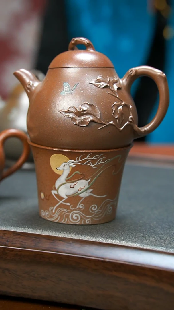 【闪购商品】紫砂茶壶柴烧贴叶壶+鹿杯