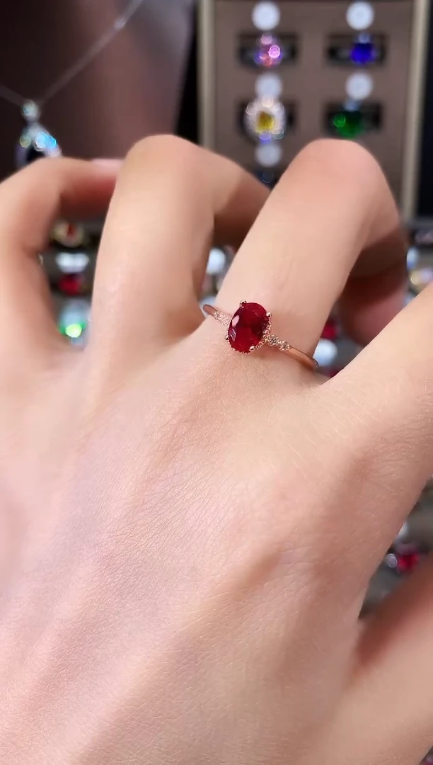 银S925镶嵌戒指红宝石57玫瑰金酒红