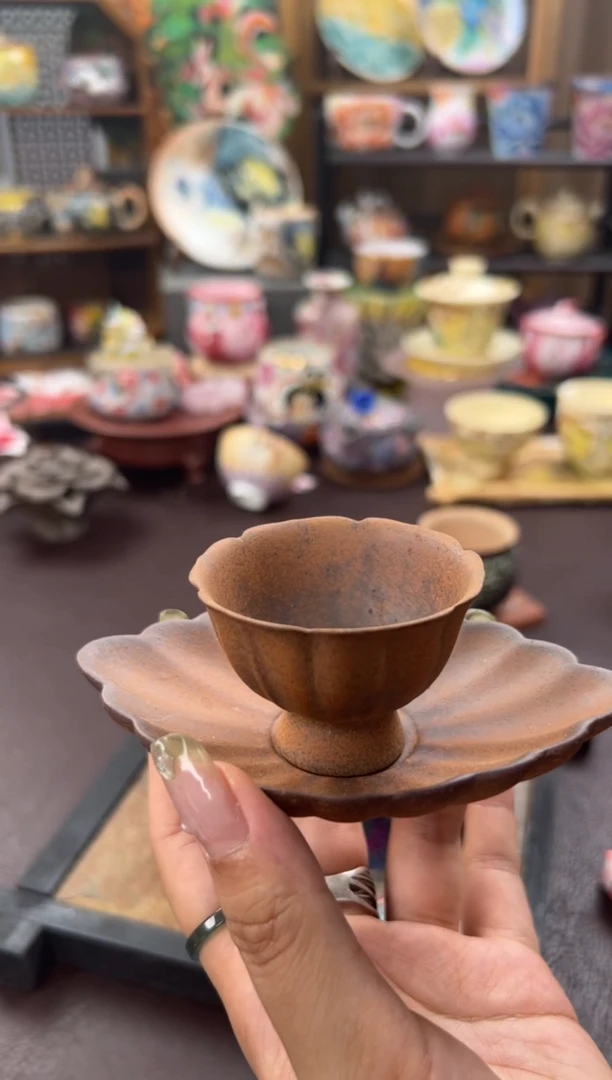素慕堂粗陶小高足花口杯套杯