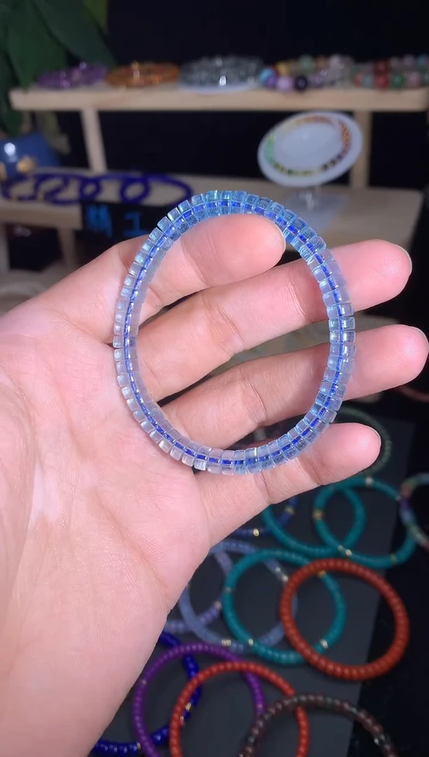 天然辰砂天然海蓝宝冰透体药片手串6m