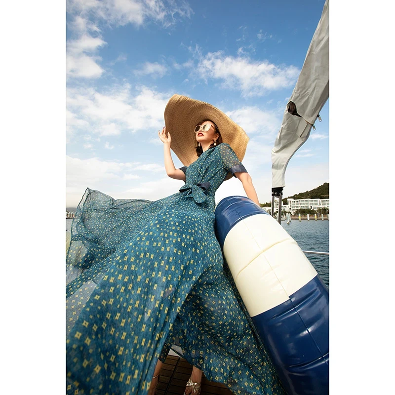 暖长裙夏季宴会树脂固色气质法式优雅长款短袖连衣裙1192