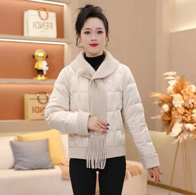 新品上新加厚保暖短款羽绒服女2025冬季新款围巾领国标白鸭绒外套