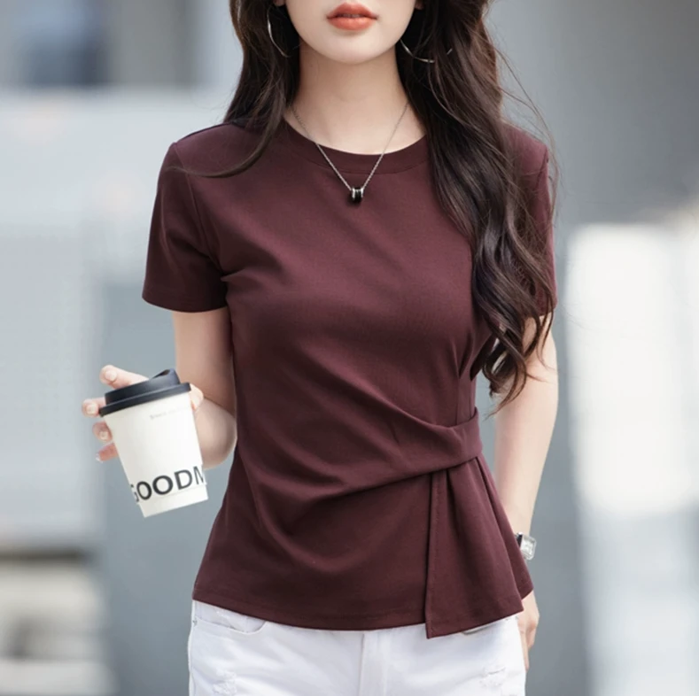 红色短袖T恤女夏设计感小个子胖mm大码宽松显瘦高腰绑带不规则上