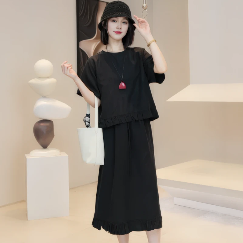 时尚套装下摆褶皱T恤女2025夏季大码胖MM短袖上衣半身裙两件套潮