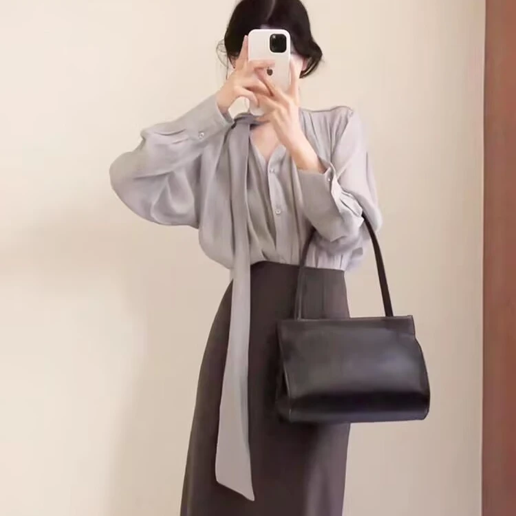 2025春季新款法式高级感宽松飘带V领衬衫上衣气质高腰显瘦半身裙