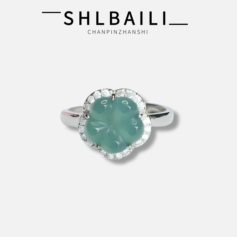 【SHIBAILI】天然A货蓝水翡翠花朵戒指