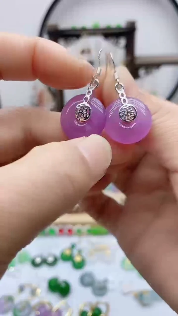 银S925镶嵌石英质玉（天山翠）耳饰205