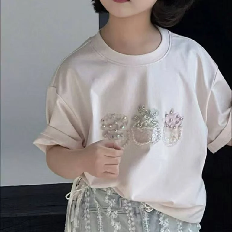 【苏舒童装】2025夏季中大女童重工钉珠甜美宽松女孩短袖T恤25963