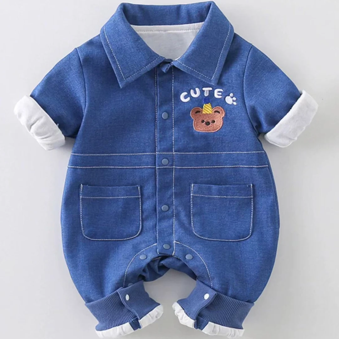 x【优选】婴儿衣服春装新生儿牛仔连体衣男宝衣服春秋款外出爬服ly
