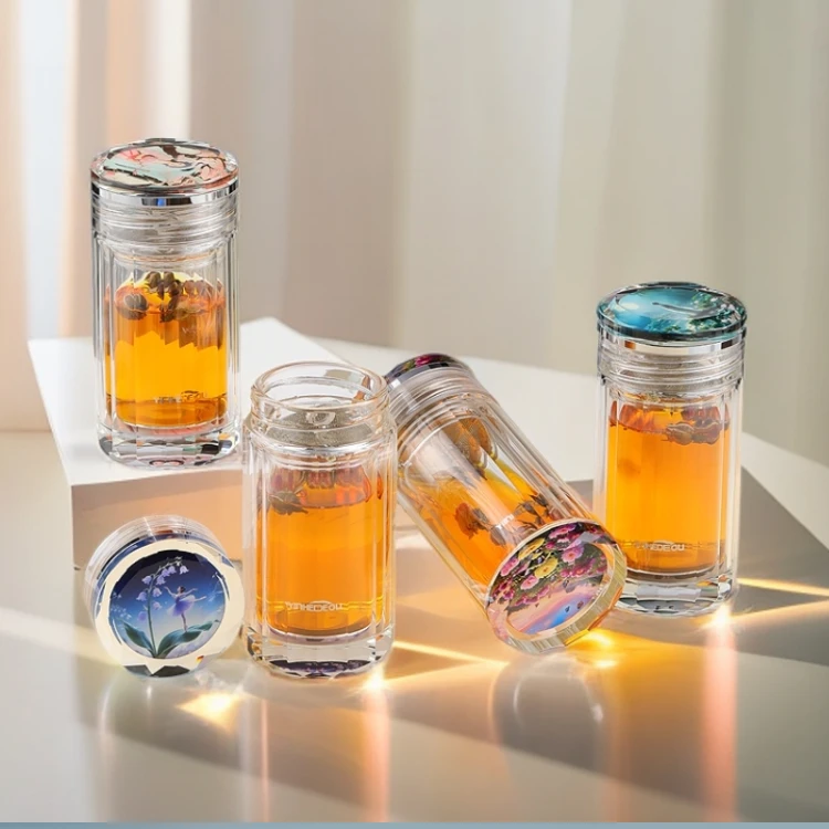 因荷得藕国风玻璃杯女士泡茶杯隔热透明双层创意茶水杯水晶杯杯子