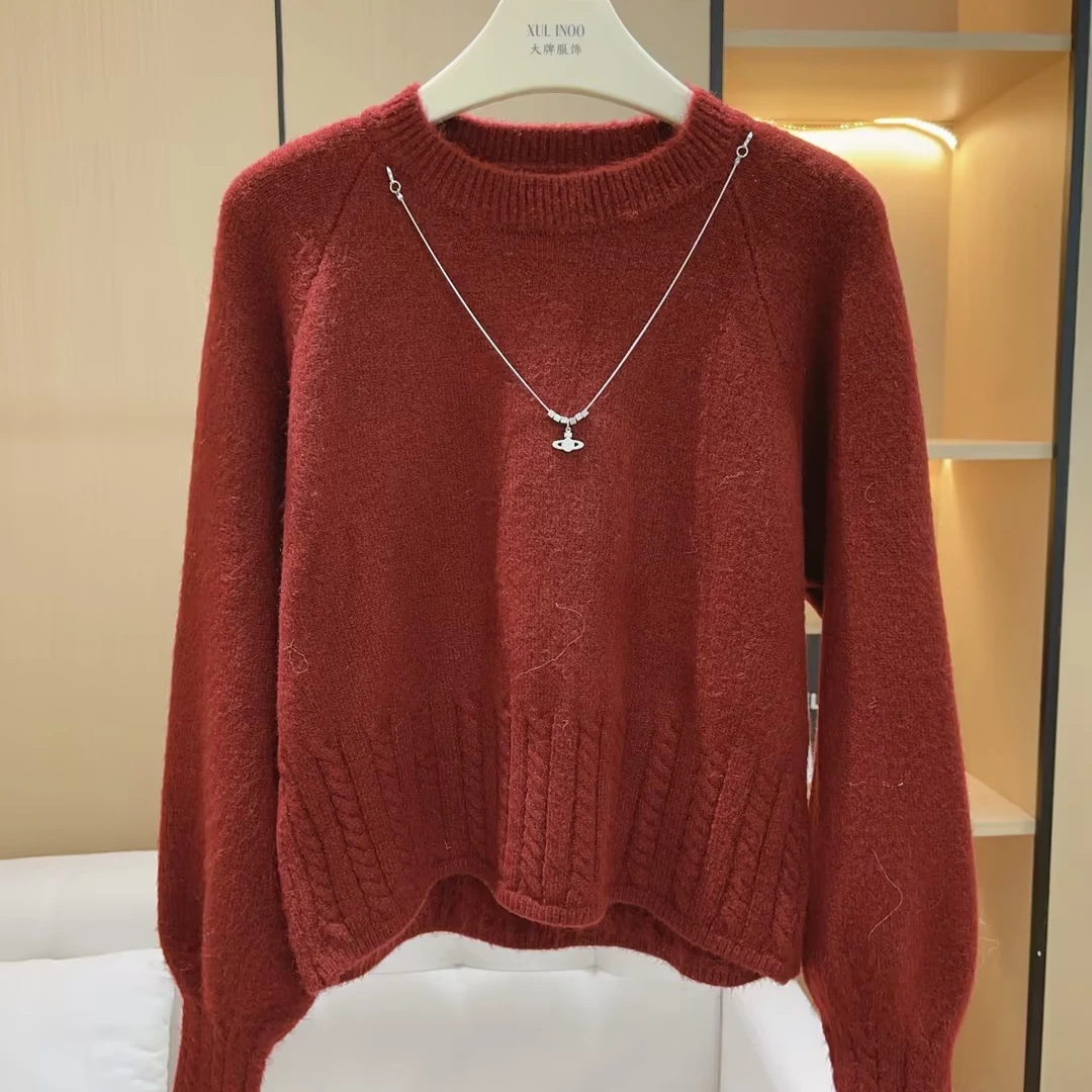 丨秋冬新款红色圆领气质百搭灯笼袖套头针织衫 5993