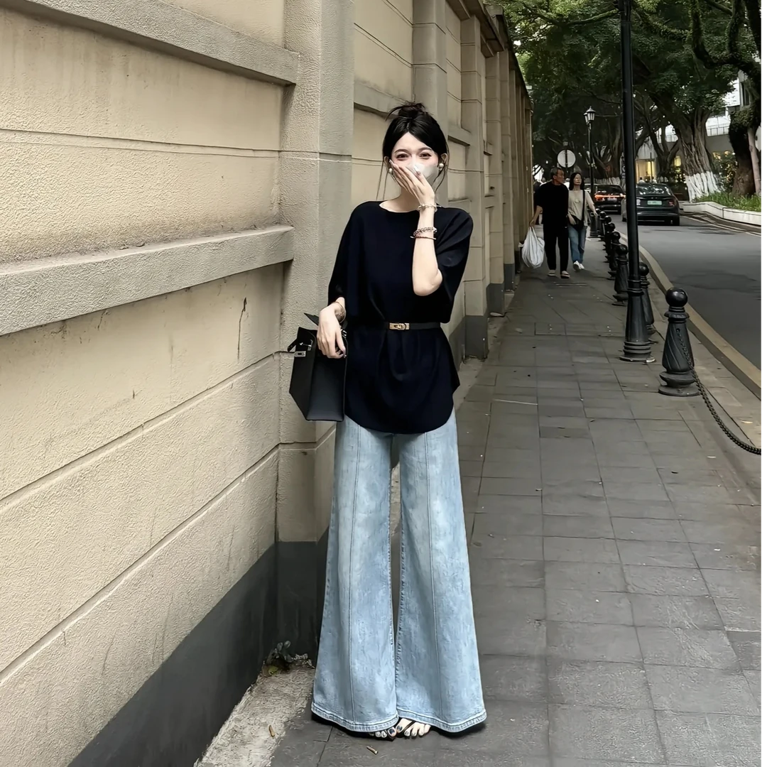 轻奢小众洋气上衣夏季新款气质圆领针织衫女宽松一秒入夏(配腰带)