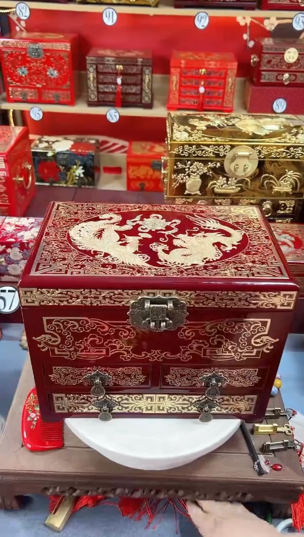 【闪购商品】28厘米新款四层三抽掐丝螺钿酒红龙凤呈祥