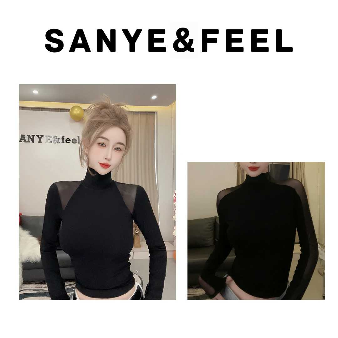 【妍三也】62999秋冬新款加绒加厚高领网纱拼接打底上衣组合两件YX