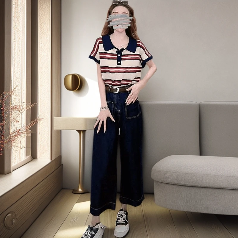 夏装搭配一整套韩系时尚Polo领条纹针织衫女九分牛仔裤减龄两件套