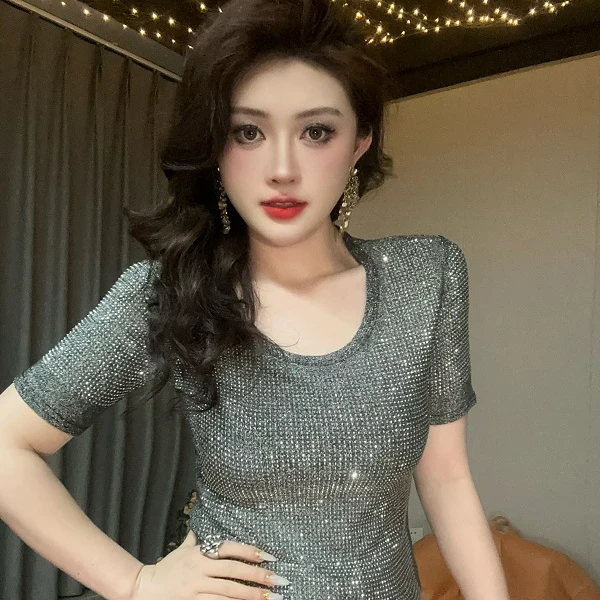 【夏季新款】满天星欧货亮钻性感显瘦时尚洋气重工烫钻T恤短袖女