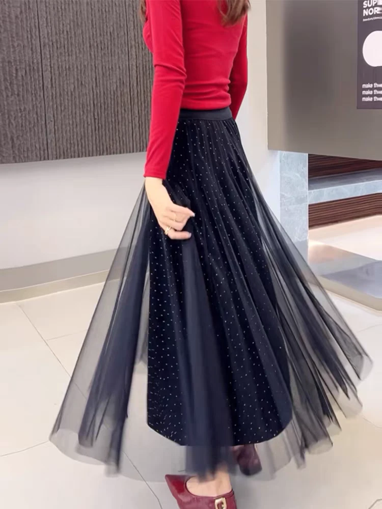 2025春季新款百褶裙显瘦网纱半身裙淑女中长裙春夏复古