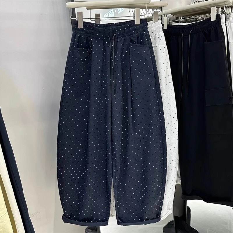 抽绳高腰老爹裤子女夏季爆款大码宽松显瘦九分裤设计感波点休闲裤