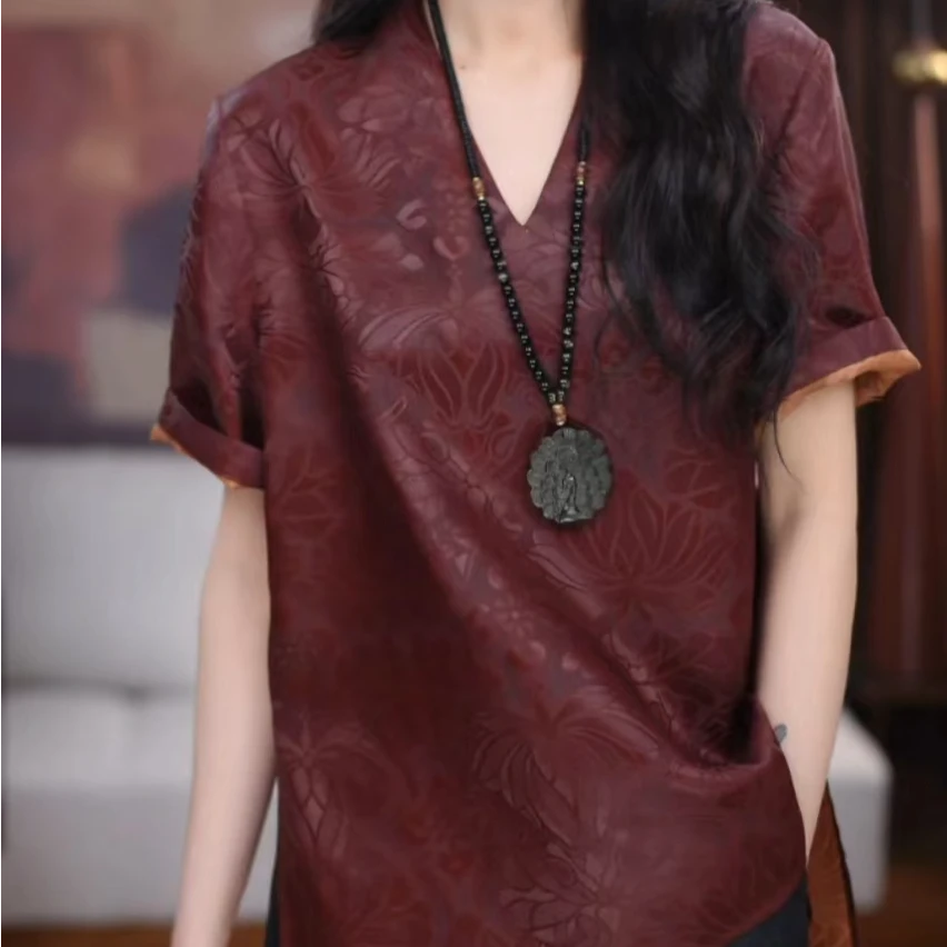 B【入寐】 红云纱气质百搭时尚复古显瘦休闲宽松国风夏季上衣